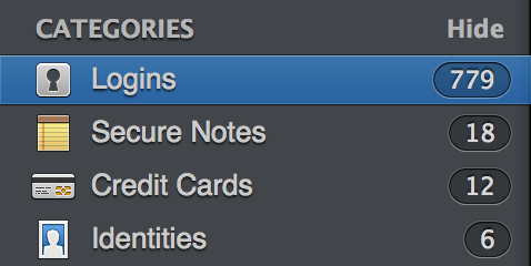 Screen shot of the hundreds of logins that 1Password remembers for me.