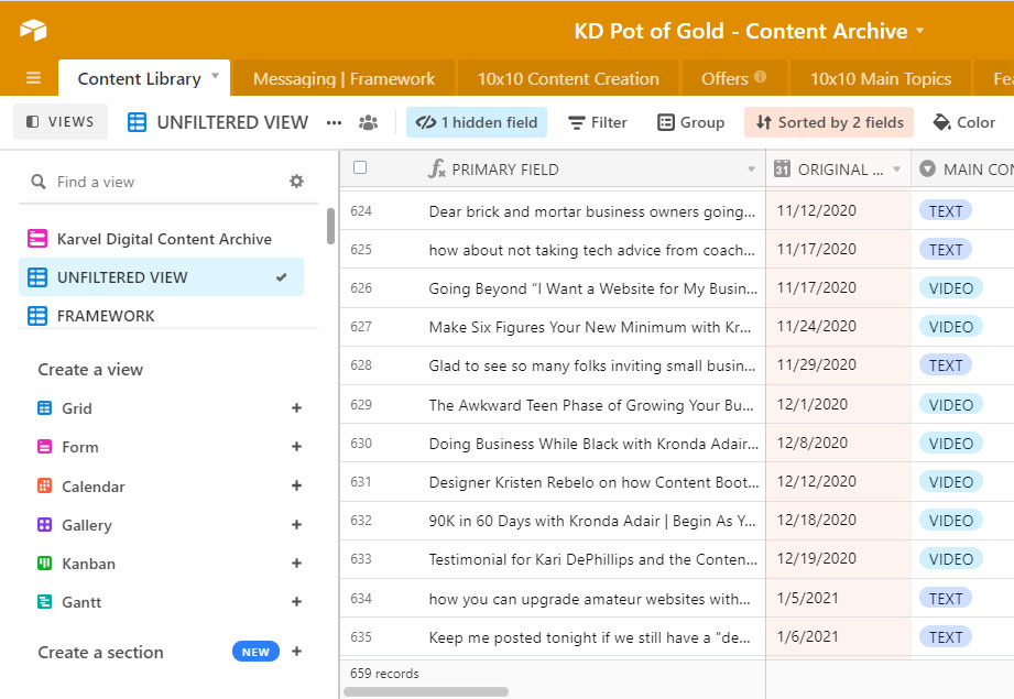 Pot o Gold content marketing database screenshot