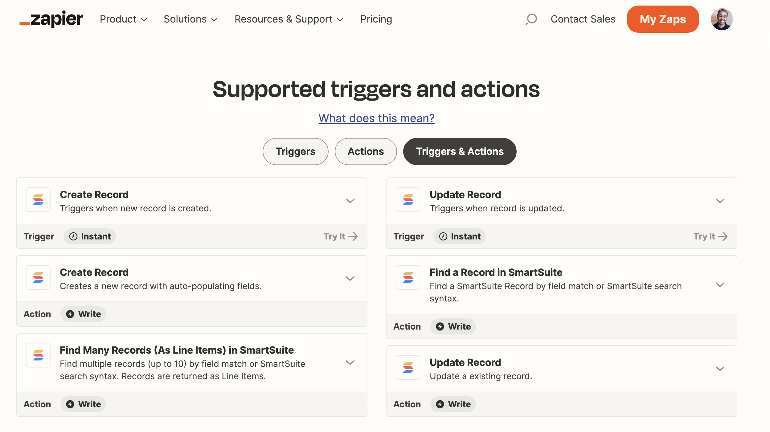 Zapier supported triggers and actions