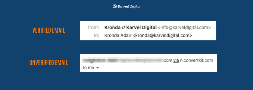 Example of a marketing email from a verified address vs an unverified one.
