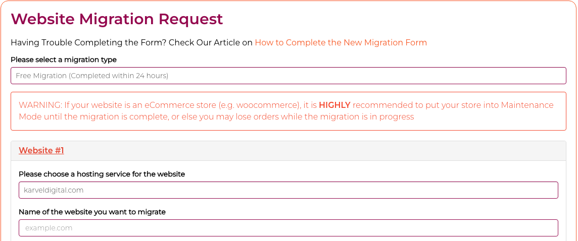 WPX hosting migration request form